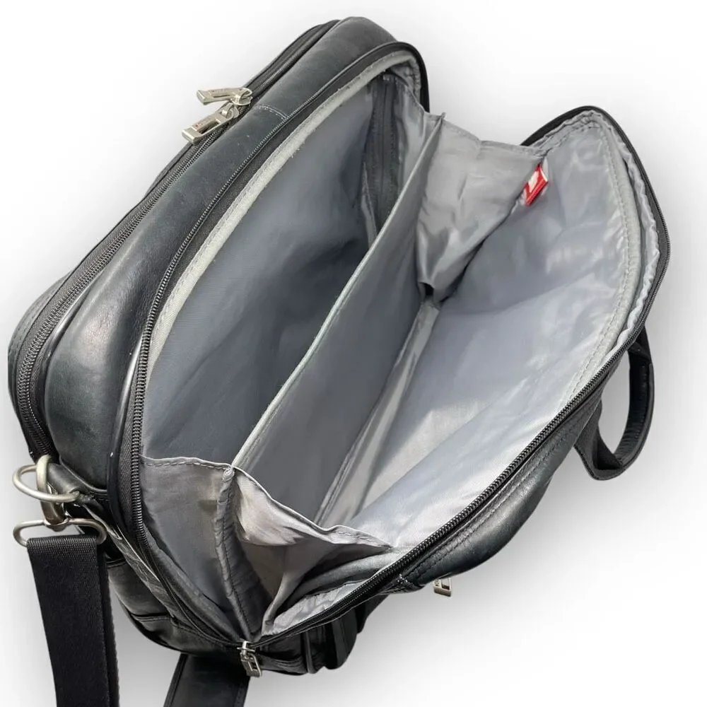 Solo New York Walker Black Leather Briefcase Rolling Travel Luggage Carry On Bag